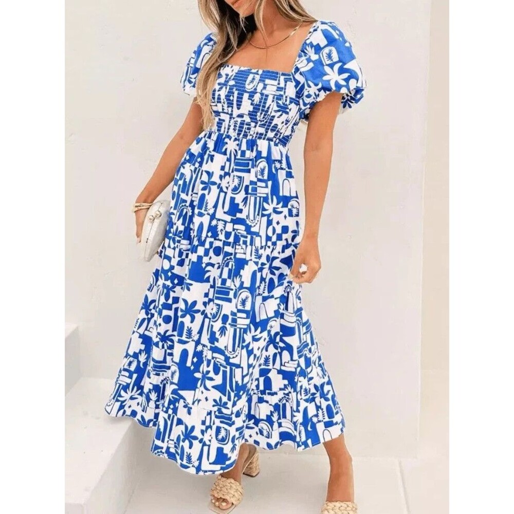 Show Me Your Mumu NEW Medium Afternoon Tea Blue White Midi Dress Puff Sleeves